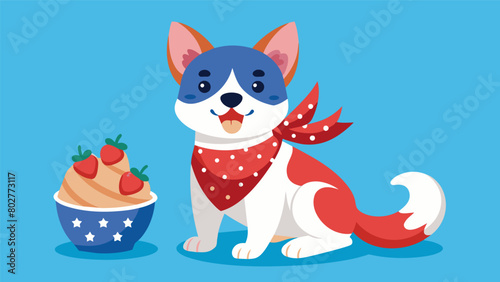 A dog dressed in a patriotic bandana eagerly licking up a Fidos Freedom Treat a dogsafe frozen yogurt decorated with blueberries and strawberries.. Vector illustration
