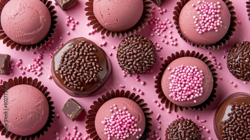 Full frame background with lots of chocolate truffles arranged symmetrically on a pink background.