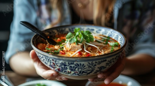 A food blogger capturing the beauty of a bowl of Tom Yum Goong soup in a stylish cafe setting, highlighting its appeal as a trendy and delicious dish. photo