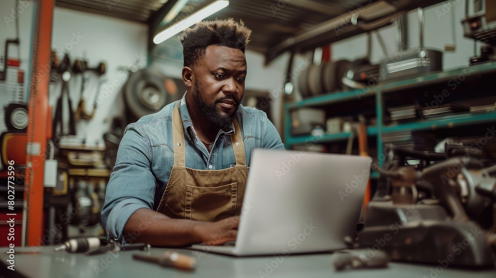 A focused auto repair shop manager analyzing digital maintenance schedules on the laptop, surrounded by tools and equipment. A focused auto repair shop manager analyzing digital maintenance schedules on the laptop, surrounded by tools and equipment.