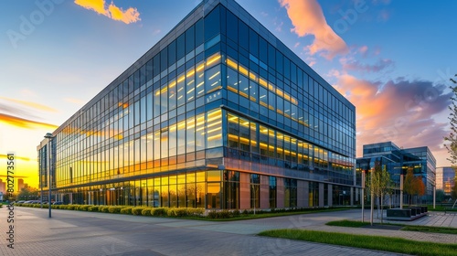 Modern office building in the evening.