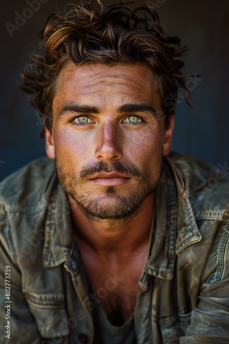 Portrait of a handsome man in a denim jacket, Men's beauty, fashion