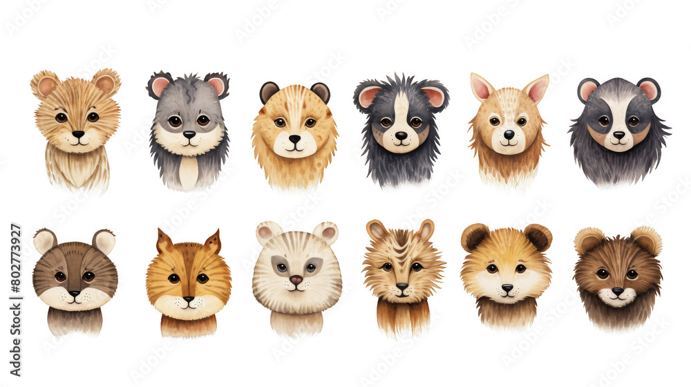 Fototapeta premium A variety of cute cartoon animals with different expressions, suitable for use as avatars or emojis.