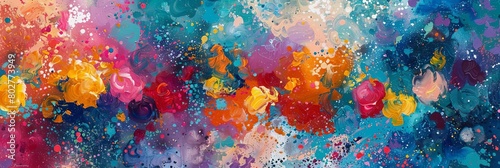 a colorful abstract painting featuring a red, orange, yellow, and green color scheme with a promine