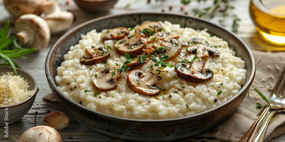 A restaurant-quality cheesy mushroom risotto served with fresh herbs, a delicious Italian meal. A restaurant-quality cheesy mushroom risotto served with fresh herbs, a delicious Italian meal.