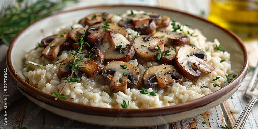 A rustic Italian lunch with creamy mushroom risotto, seasoned with thyme and Parmesan. A rustic Italian lunch with creamy mushroom risotto, seasoned with thyme and Parmesan.