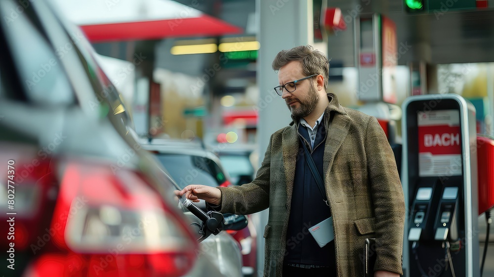 A professional-looking stock photo of the businessman using a contactless payment method to pay for fuel at the gas station. A professional-looking stock photo of the businessman using a contactless payment method to pay for fuel at the gas station.