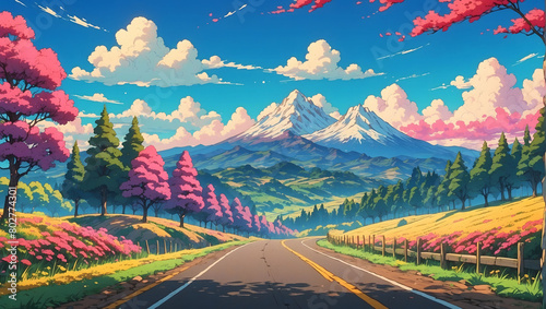 a road with mountains in the background
