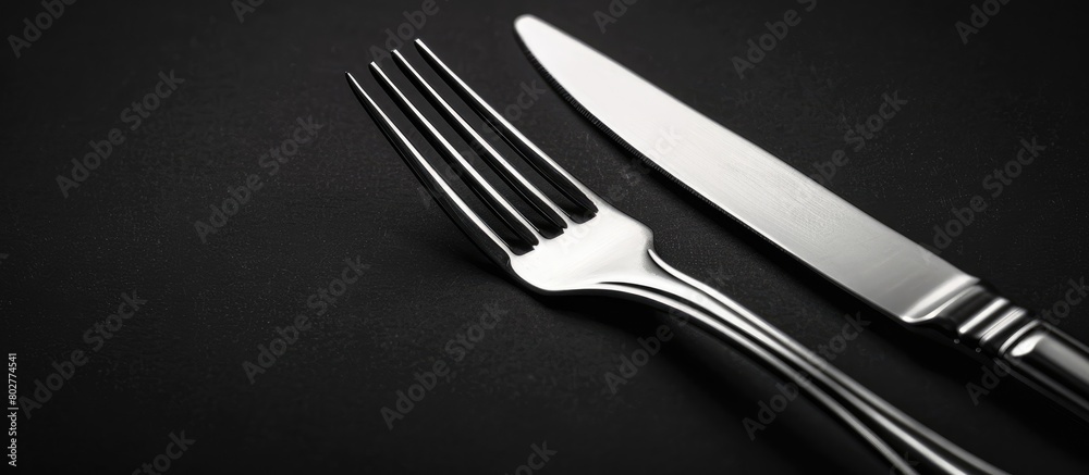 Close-up shot of a fork and knife against a black backdrop with room for text. Image has been toned. Close-up shot of a fork and knife against a black backdrop with room for text. Image has been toned.