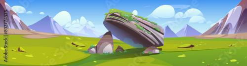 Sky, rock and green grass field in mountain scene. Summer meadow landscape in alps valley environment. Beautiful sunny game panorama with geology boulder pile. Outdoor peaceful fairytale background