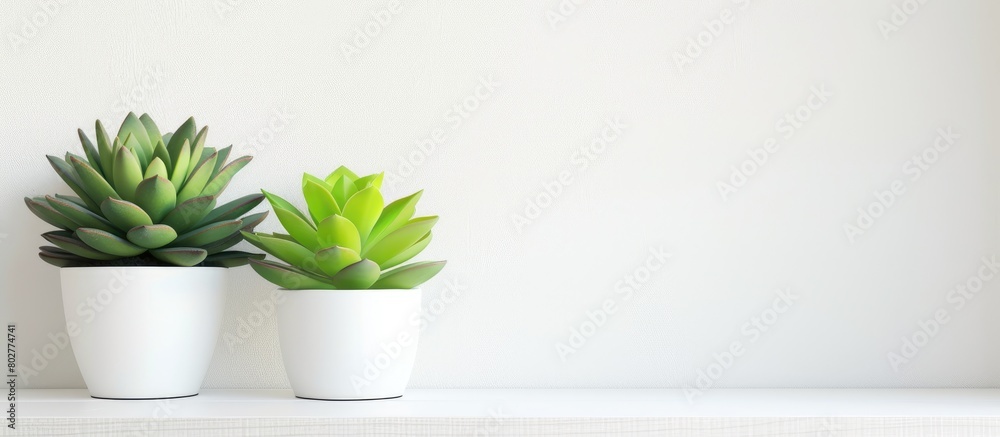 Two succulent plants are displayed on a white desk or shelf against a white wall, providing room for text. Two succulent plants are displayed on a white desk or shelf against a white wall, providing room for text.