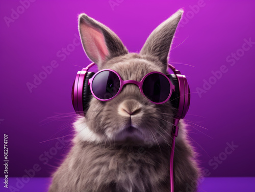 A rabbit wearing sunglasses and headphones is the main focus of the image