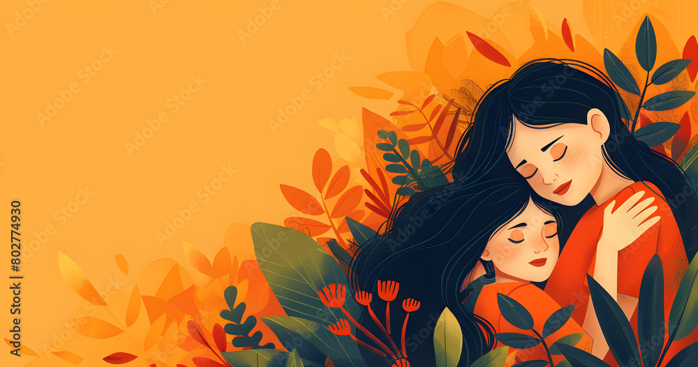 Illustration of mom and daughter hugging on Mother's Day with copy space for text