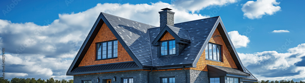 roof of modern house covered with black tiles against blue sky roof of modern house covered with black tiles against blue sky