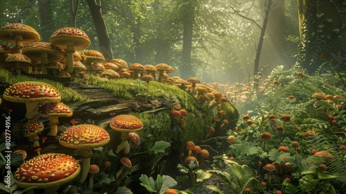 A lush forest scene with mushrooms flourishing on the decaying remains of fallen trees, showcasing nature's recycling process in action.