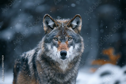 Close-up of a wolf in the forest during a snowfall © ChuLai