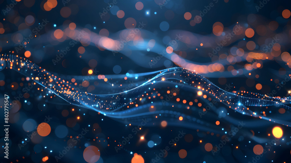 Abstract background with blue and orange glow waves on dark hexagon ...