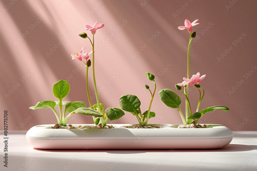 Plants in a white ceramic pot on a white table with pink background