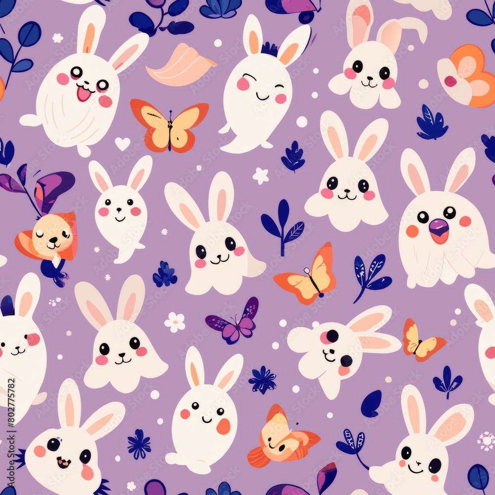 Seamless pattern of giggling ghost bunnies and fluttering butterflies, Generative AI