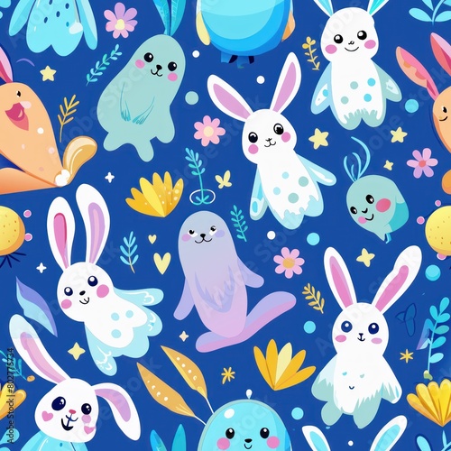 Seamless pattern of giggling ghost bunnies and fluttering butterflies, Generative AI