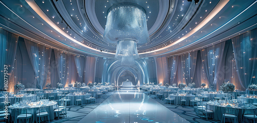 A large wedding hall with an indoor circular stage, futuristic style, white and silver color scheme, silver installation design elements on the ceiling of each table. Generative AI. photo