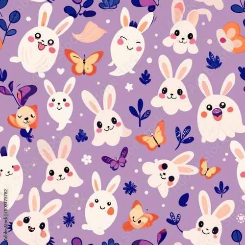 Seamless pattern of giggling ghost bunnies and fluttering butterflies  Generative AI
