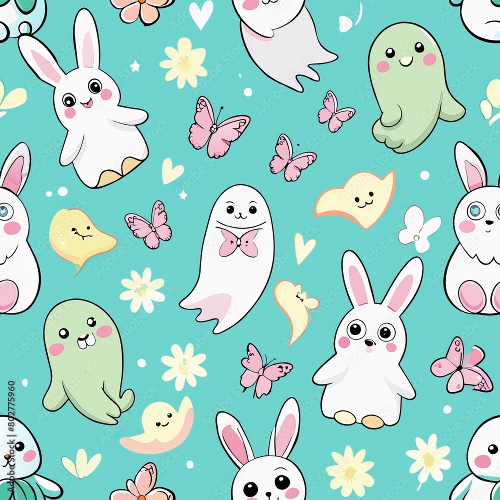 Seamless pattern of giggling ghost bunnies and fluttering butterflies, Generative AI Seamless pattern of giggling ghost bunnies and fluttering butterflies, Generative AI