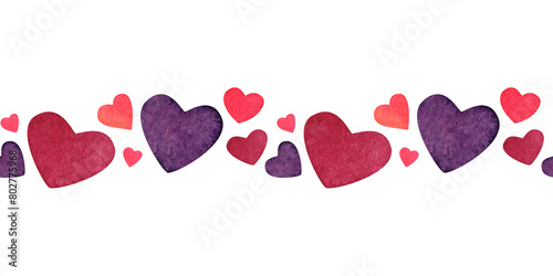 Cute seamless horizontal border of hearts of different shapes and colors. Ornament of red and purple hearts. Valentine's Day. Watercolor illustration for background design, packaging, textiles