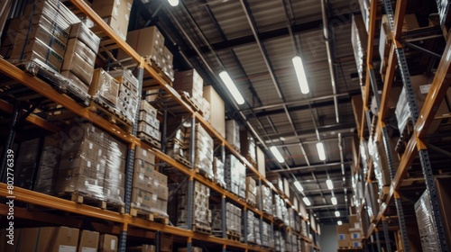 Warehouse or storage and shelves with cardboard boxes.