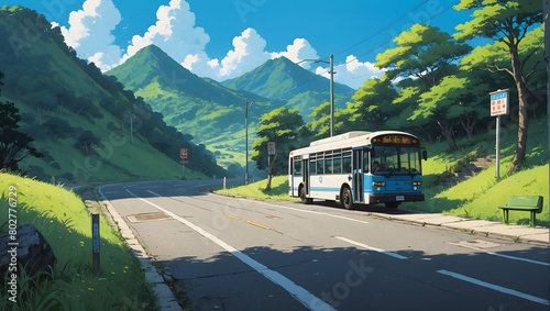 a small blue and white bus parked at a bus stop on the side of a road