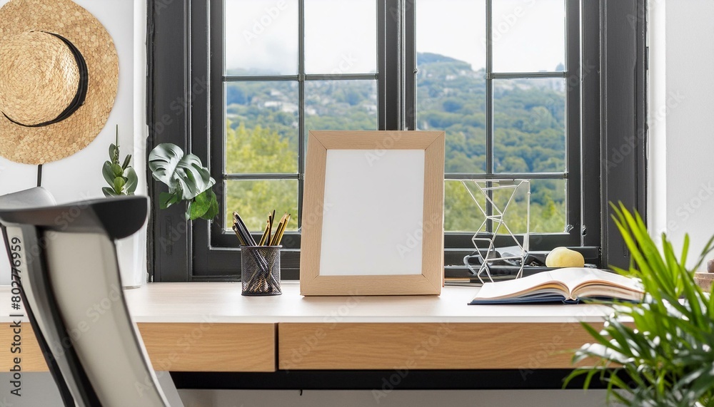 Fototapeta premium Frame mockup close up at home, workplace near window with empty wooden frame, 3d render