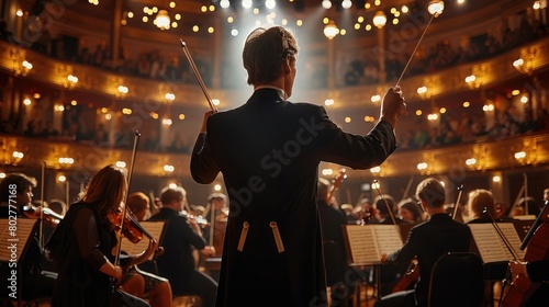 An orchestra with a conductor standing on stage in front of an audience. Generative AI. © visoot