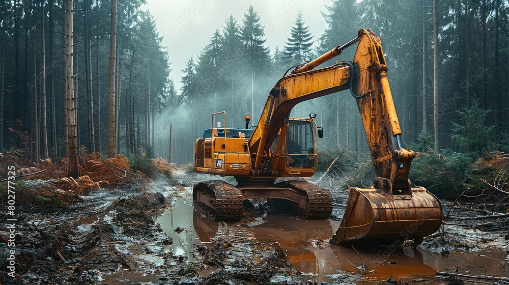 Large excavator in the forest. Generative AI. Large excavator in the forest. Generative AI.