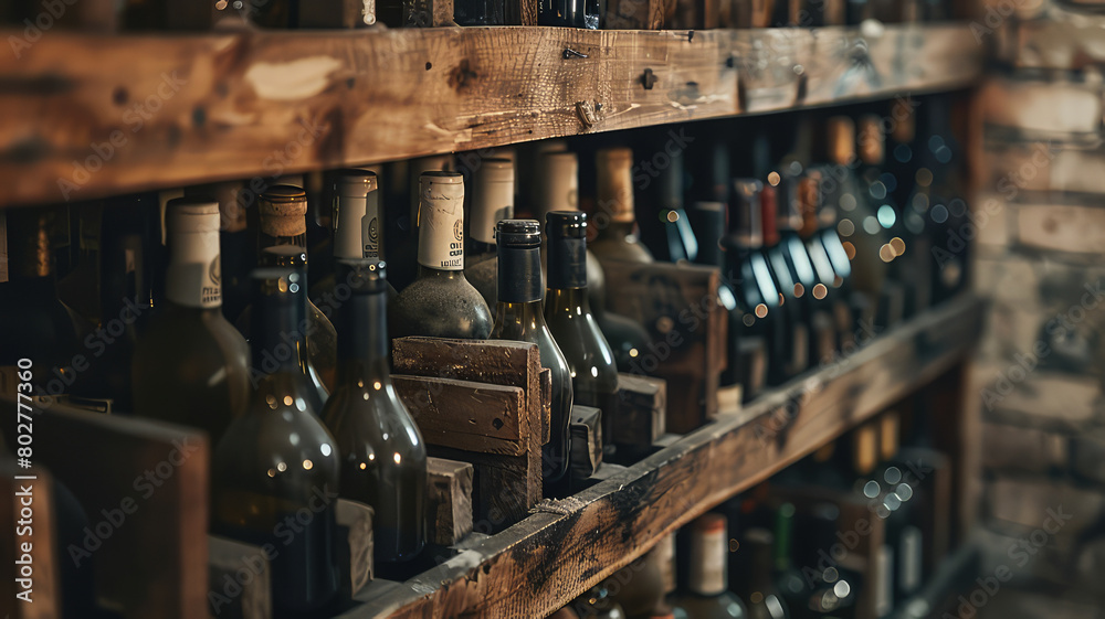 Wine bottles stacked on wooden rack, Wine collections stored in cellar on shelf Wine bottles stacked on wooden rack, Wine collections stored in cellar on shelf