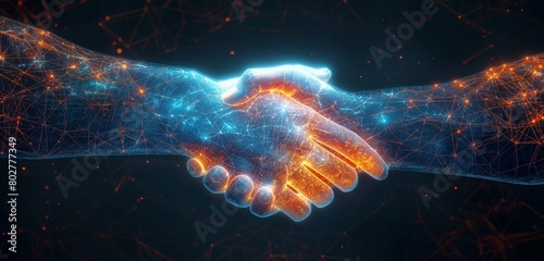 A luminous, digital handshake forming a secure connection over a network, illustrating the trust and safety in data exchanges between secure entities. 32k, full ultra hd, high resolution