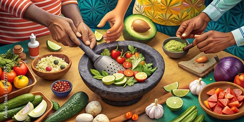 Grupo de amigos haciendo guacamole con aguacates frescos, tomates y cebollas en un mortero de molcajete