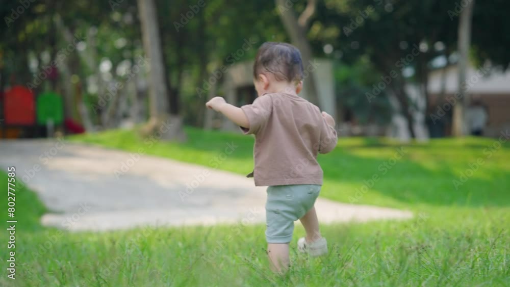 Shot from behind of asian boy walking on the green grass field, Healthy active lifestyle of child in the park childhood, family outdoor activity for kid learning skill, innocence child first step Shot from behind of asian boy walking on the green grass field, Healthy active lifestyle of child in the park childhood, family outdoor activity for kid learning skill, innocence child first step