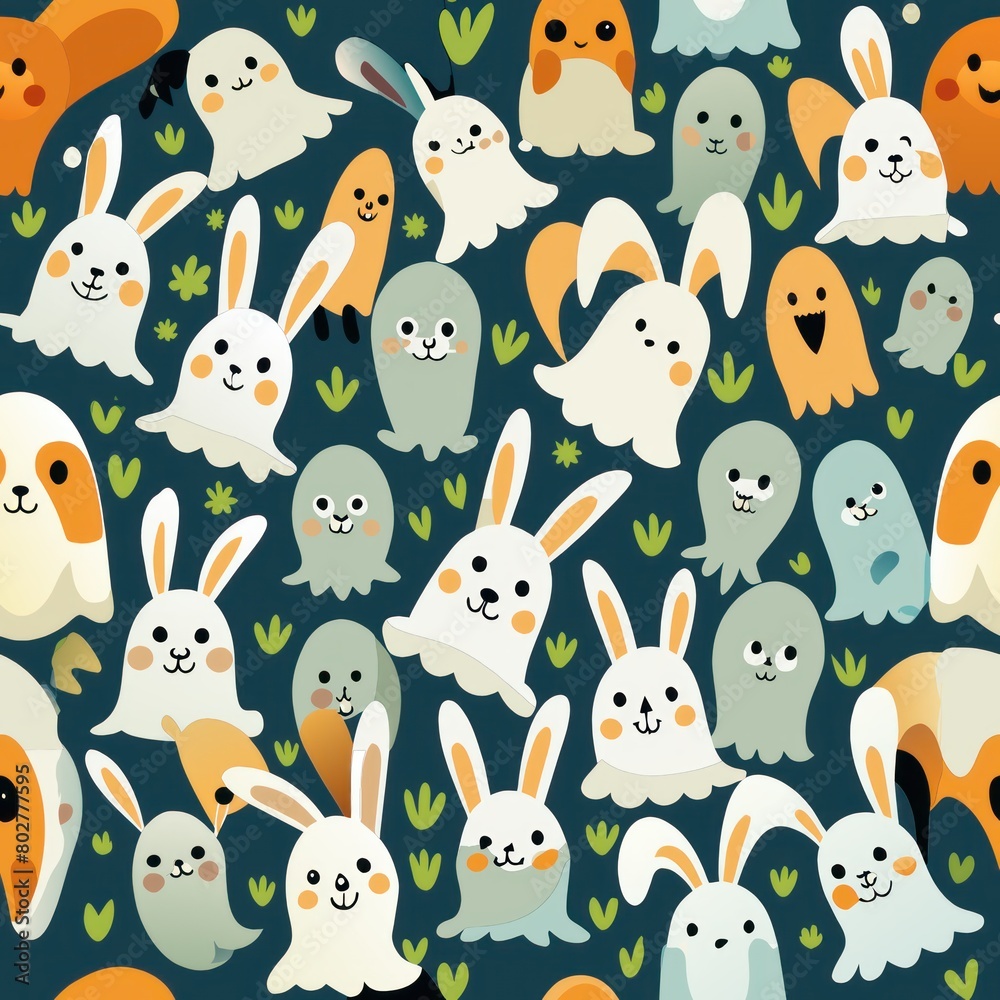 Naklejka premium Seamless pattern of mischievous ghost bunnies playing hide-and-seek, Generative AI