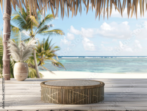Rattan Podium, front view focus, with a Sunny Beach Background © wiparat