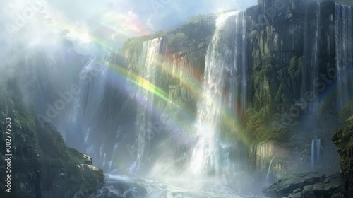 A rainbow forming in the mist of a waterfall  adding a magical touch to the already enchanting natural scenery.