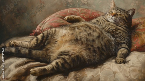 A portly tabby cat reclining on a soft pillow, its belly bulging in a state of serene slumber. photo