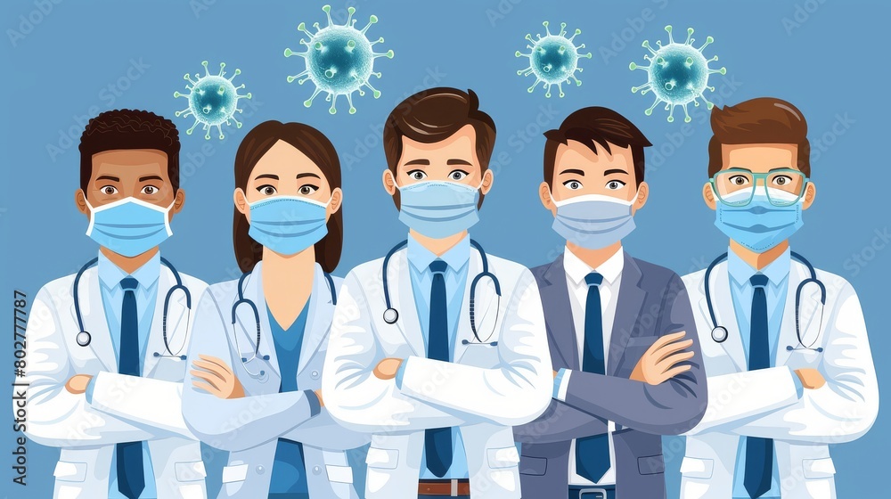 Characters of doctors and nurses wearing surgical masks and standing together, male and female medical characters