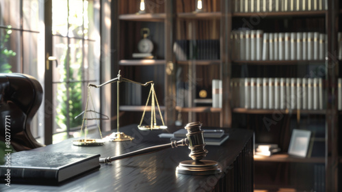 Legal office with gavel scales of justice and bookshelf symbolizing law and order in a modern setting