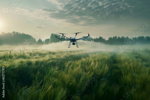 Modern technologies agriculture.  industrial drone flies over green field sprays useful pesticides photo