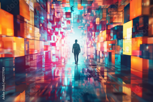 Person walking in digital world. Human silhouette lost in futuristic cyberspace made of colorful cubes