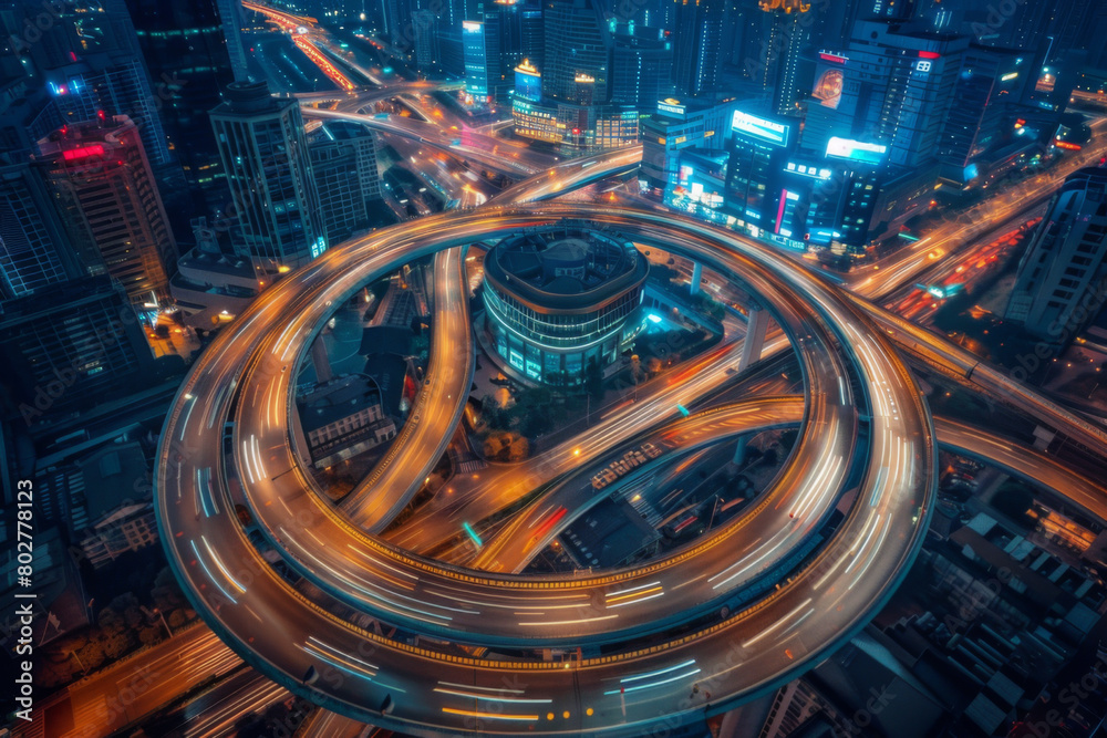 top view , night , roundabout interchange of a city, Expressway is an important infrastructure top view , night , roundabout interchange of a city, Expressway is an important infrastructure
