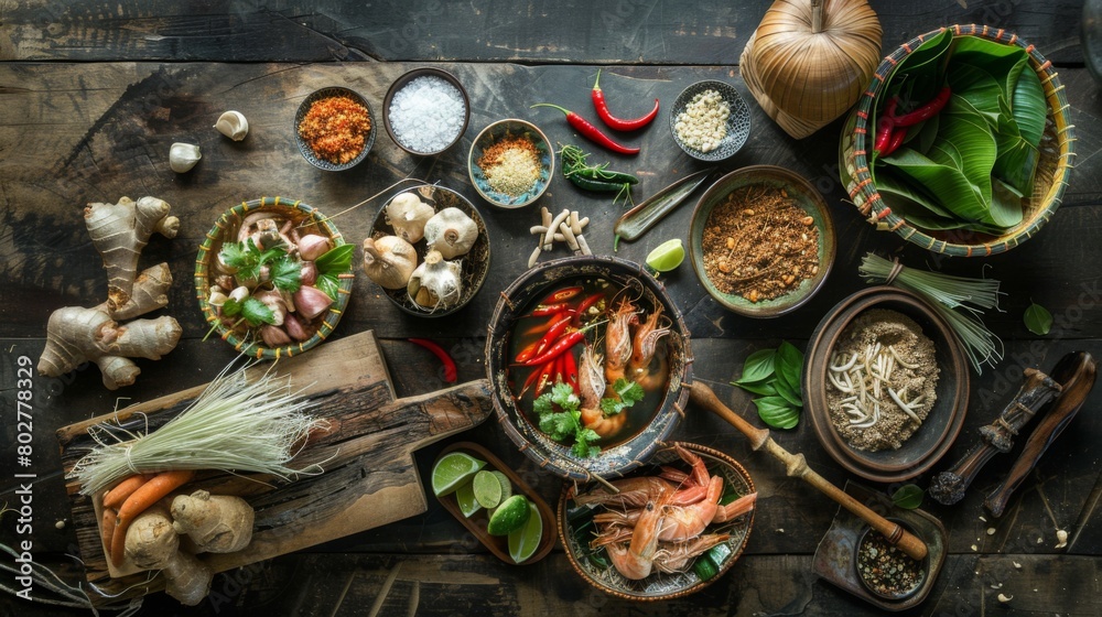 A rustic kitchen scene with ingredients laid out for making Tom Yum Goong soup, showcasing the freshness and variety of Thai culinary staples.