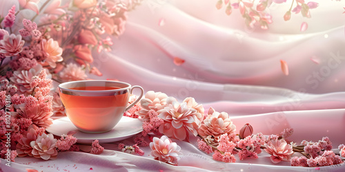 Delicate pink cup with blossom holds coffee Muted tones, Springtime coffee scene with cherry blossoms in time lapse loop animation background Concept