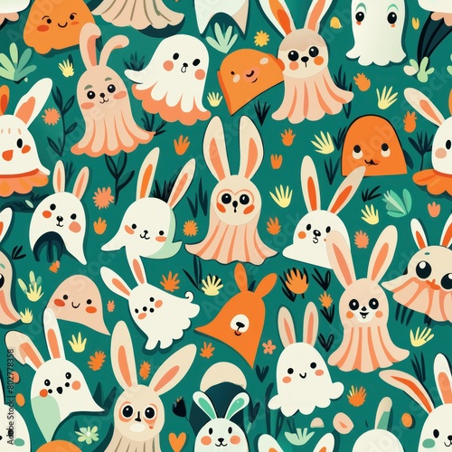 Seamless pattern of mischievous ghost bunnies playing hide-and-seek  Generative AI