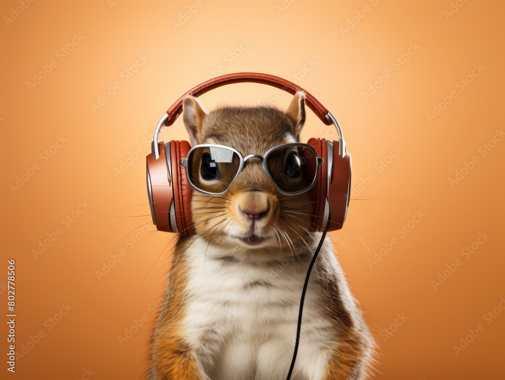 A squirrel wearing sunglasses and headphones